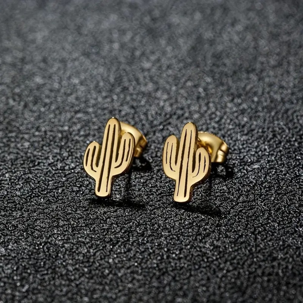 Cactus Stud Earrings Gold Tone Stainless Steel‎ Western Desert Minimalist